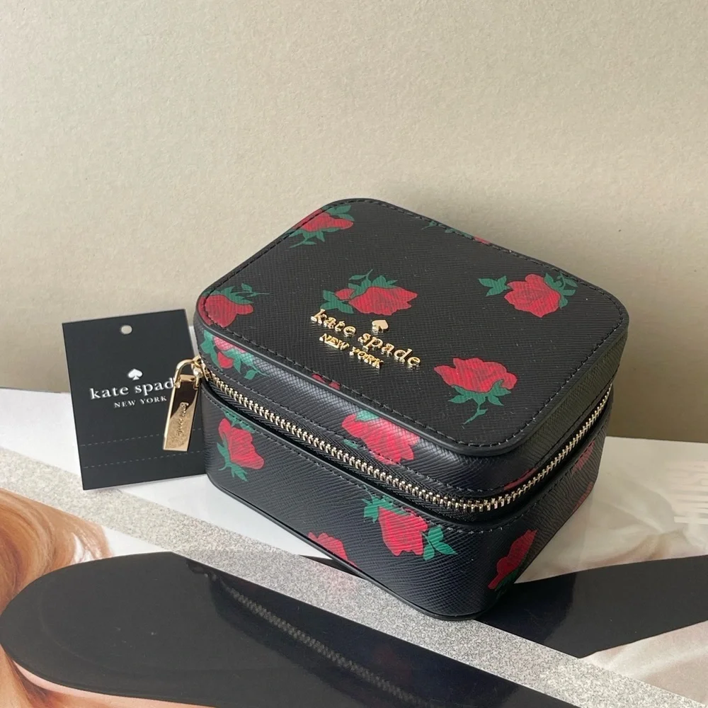 (new+tag) Kate Spade chic black jewelry box with vibrant red floral design